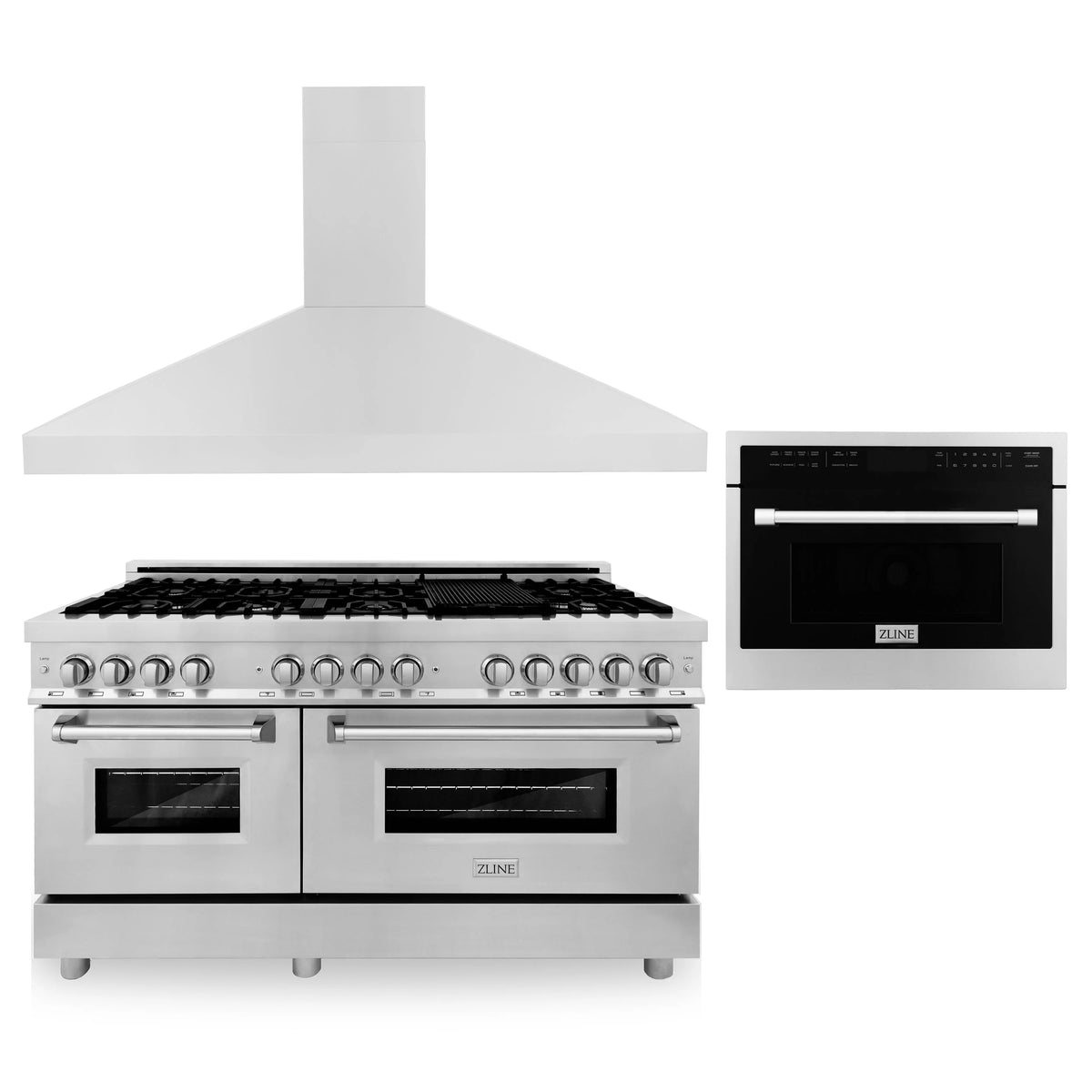 ZLINE - 60&quot; Kitchen Package with Stainless Steel Dual Fuel Range, Convertible Vent Range Hood and 24&quot; Microwave Oven