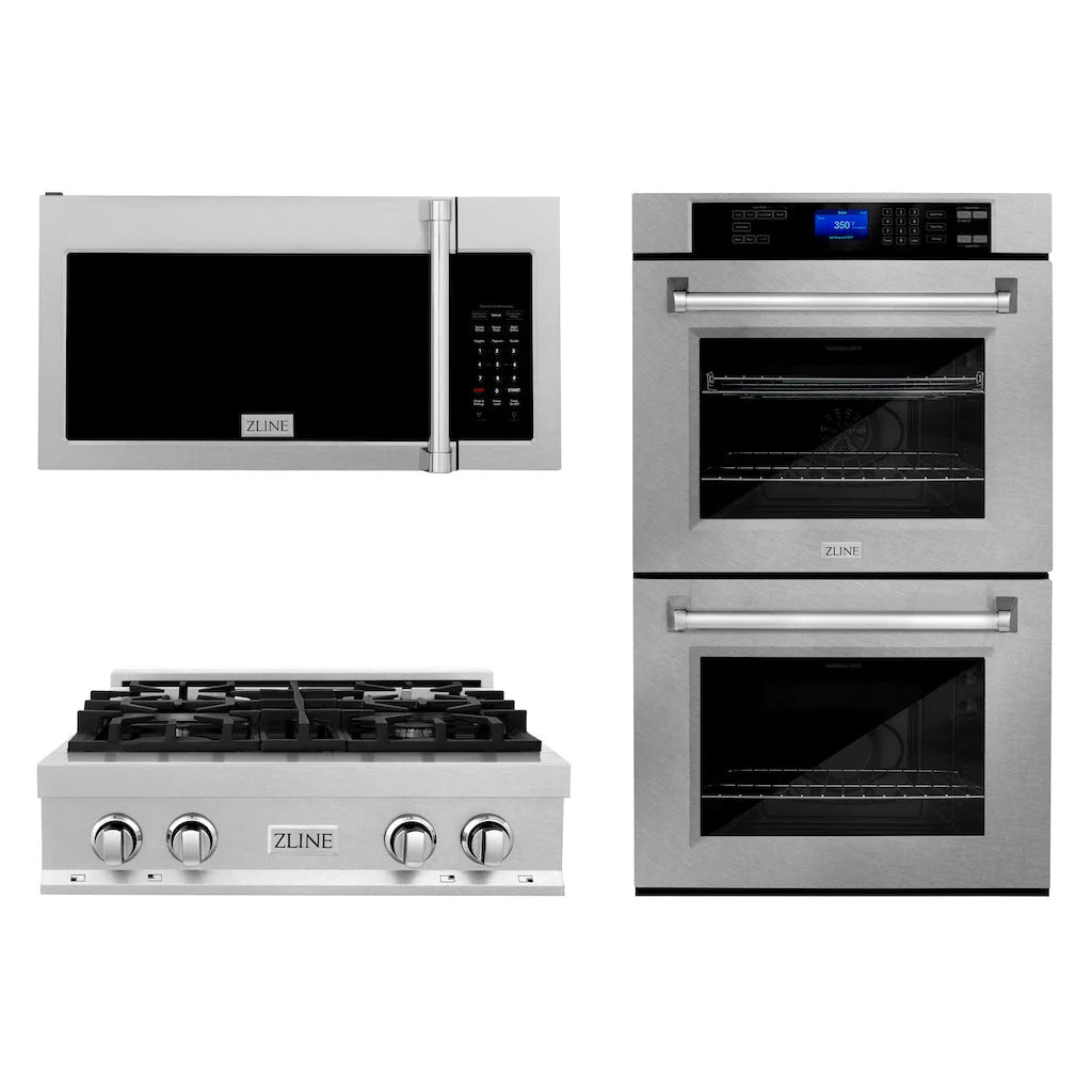 ZLINE - Kitchen Package with 30 in. Satin Stainless Steel Rangetop, 30 in. Over The Range Microwave with Modern Handle and Double Wall Oven