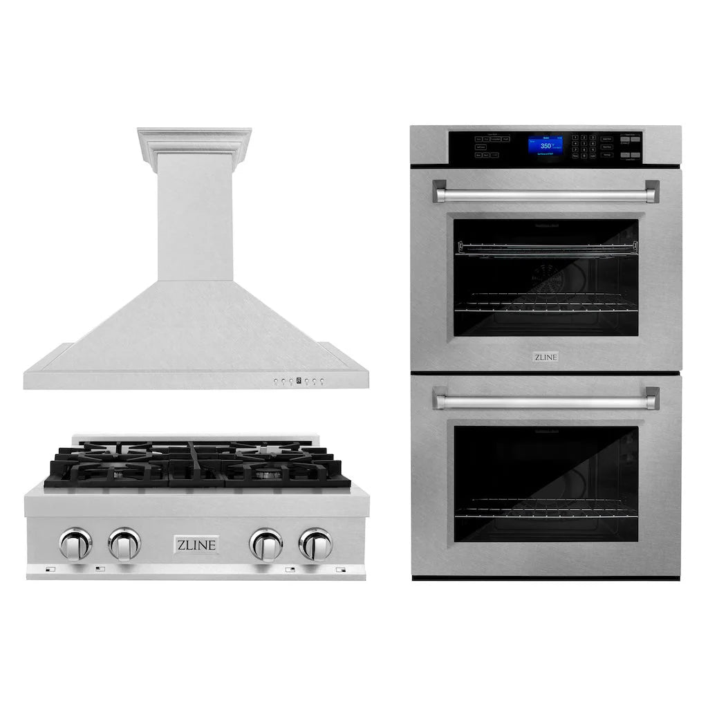 ZLINE - Kitchen Package with 30 in. Satin Stainless Steel Rangetop, 30 in. Convertible Range Hood and Double Wall Oven