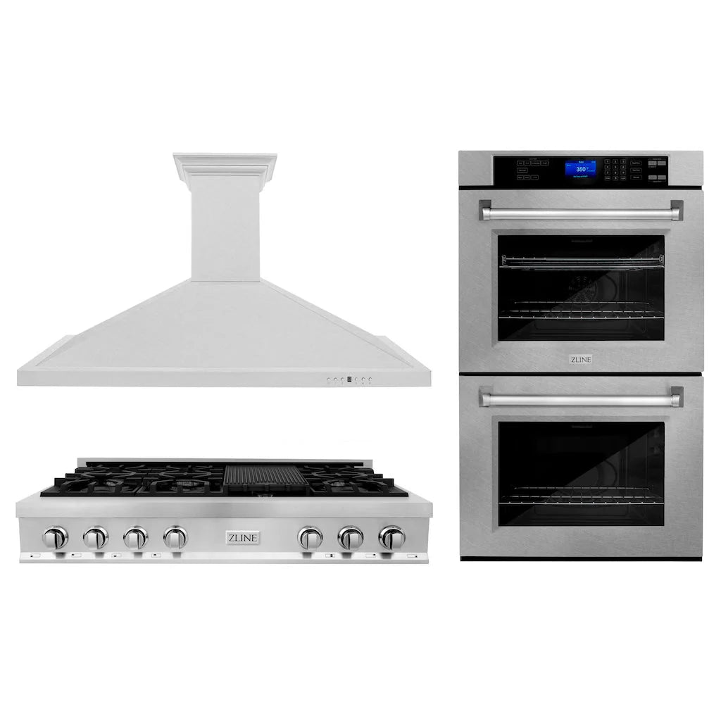 ZLINE - Kitchen Package with 36 in. Satin Stainless Steel Rangetop, 36 in. Convertible Range Hood and Double Wall Oven