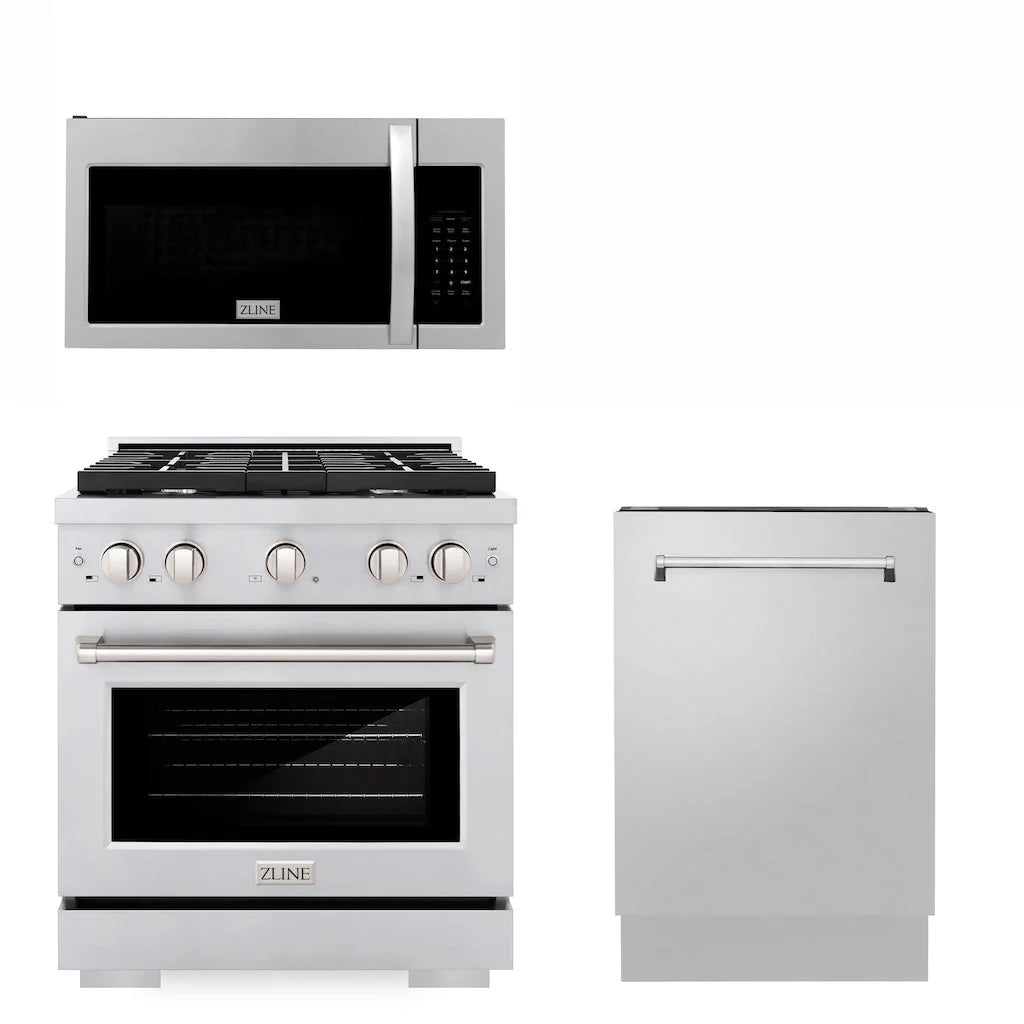 ZLINE - 30&quot; Kitchen Package with Stainless Steel Gas Range, Modern Over The Range Microwave and Tall Tub Dishwasher