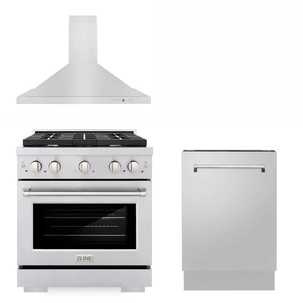 ZLINE - 30&quot; Kitchen Package with Stainless Steel Gas Range, Convertible Vent Range Hood and Tall Tub Dishwasher (3KP-SGRRH30-DWV)