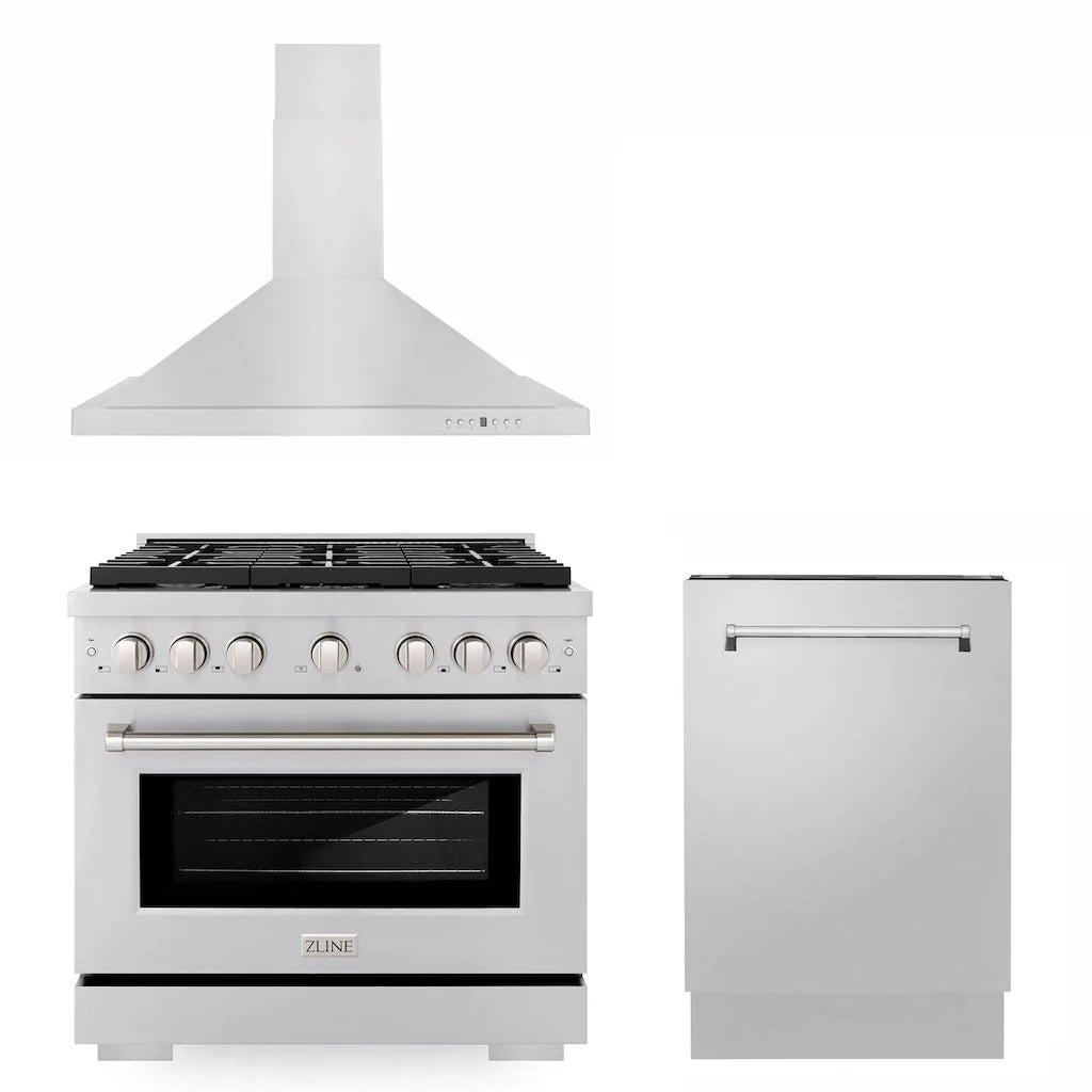 ZLINE - 36&quot; Kitchen Package with Stainless Steel Gas Range, Convertible Vent Range Hood and Tall Tub Dishwasher