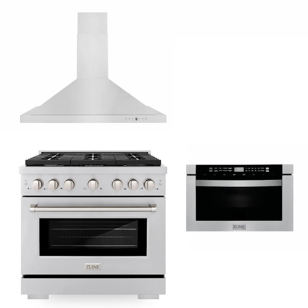 ZLINE - 36&quot; Kitchen Package with Stainless Steel Gas Range, Convertible Vent Range Hood and Microwave Drawer (3KP-SGRRH36-MW)