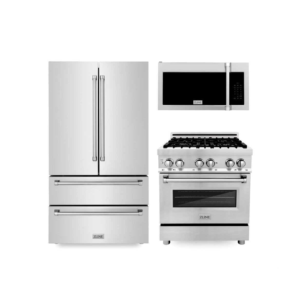 ZLINE - Kitchen Package with Stainless Steel Refrigeration, 30&quot; Dual Fuel Range and Traditional Over the Range Microwave