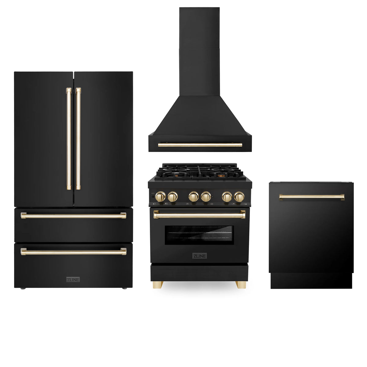 ZLINE - 30&quot; Autograph Edition Kitchen Package with Black Stainless Steel Dual Fuel Range, Range Hood, Dishwasher and Refrigeration with Gold Accents