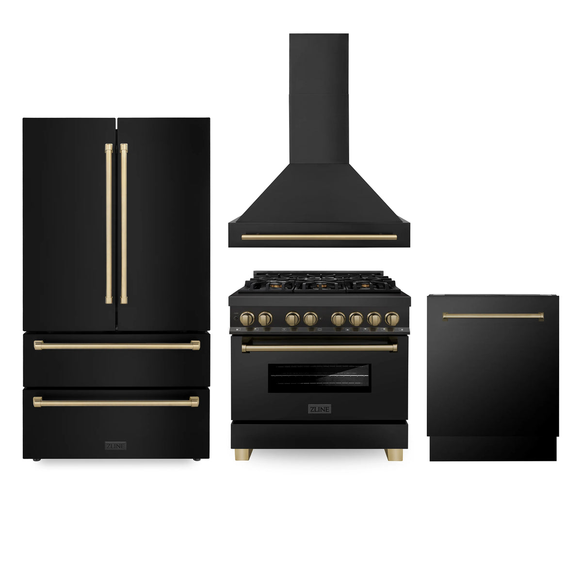 ZLINE - 36&quot; Autograph Edition Kitchen Package, Black Stainless Steel Dual Fuel Range, Range Hood, Dishwasher, Refrigeration, Champagne Bronze Accents