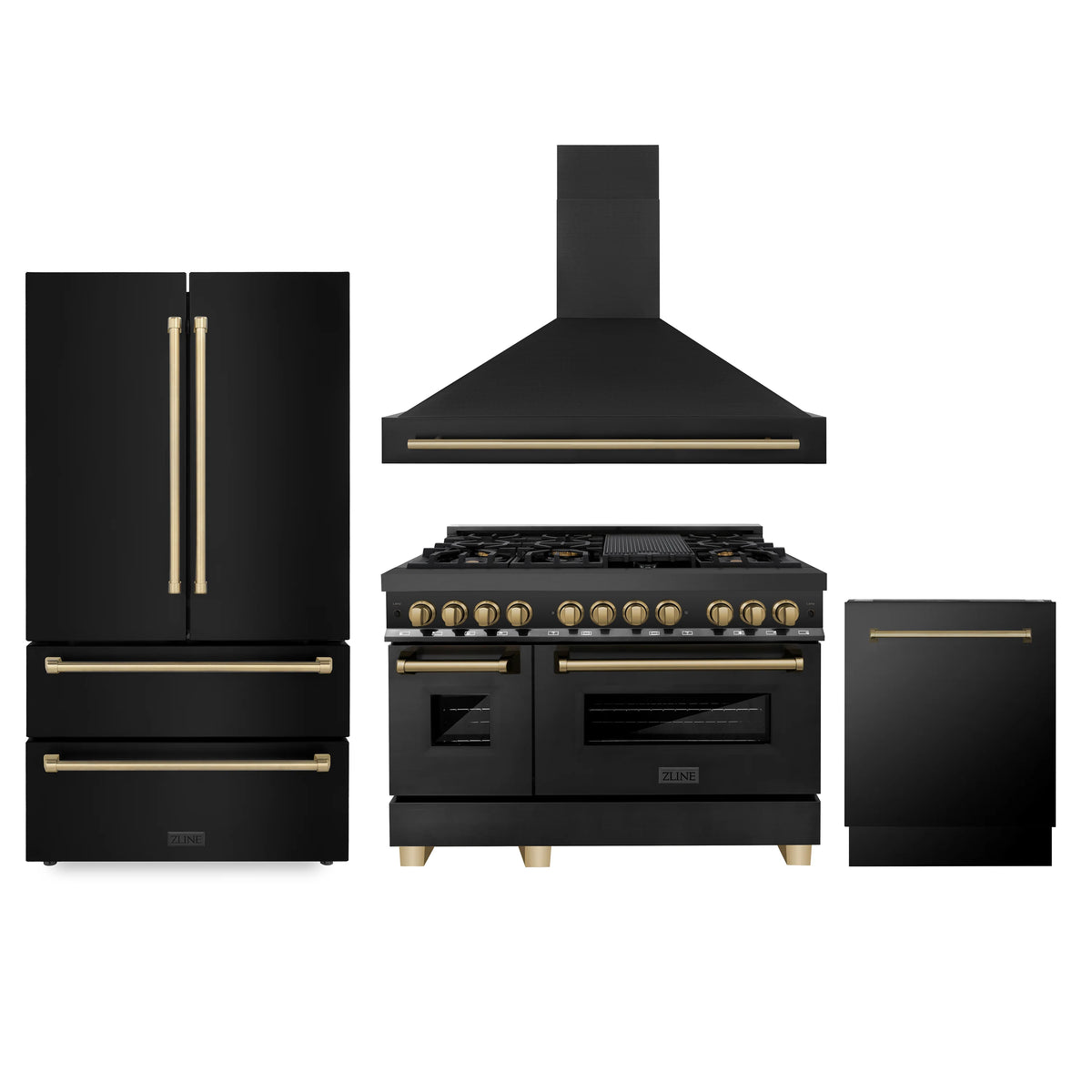 ZLINE - 48&quot; Autograph Edition Kitchen Package, Black Stainless Steel Dual Fuel Range, Range Hood, Dishwasher, Refrigeration, Champagne Bronze Accents