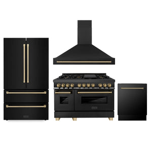 ZLINE 48" Autograph Edition Kitchen Package, Black Stainless Steel Dual Fuel Range, Range Hood, Dishwasher, Refrigeration, Champagne Bronze Accents