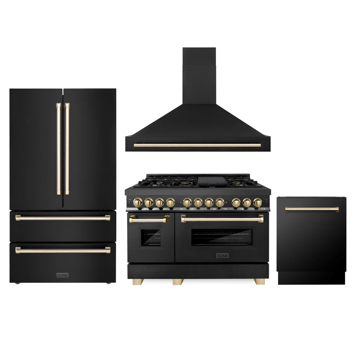 ZLINE - 48&quot; Autograph Edition Kitchen Package with Black Stainless Steel Dual Fuel Range, Range Hood, Dishwasher and Refrigeration with Gold Accents