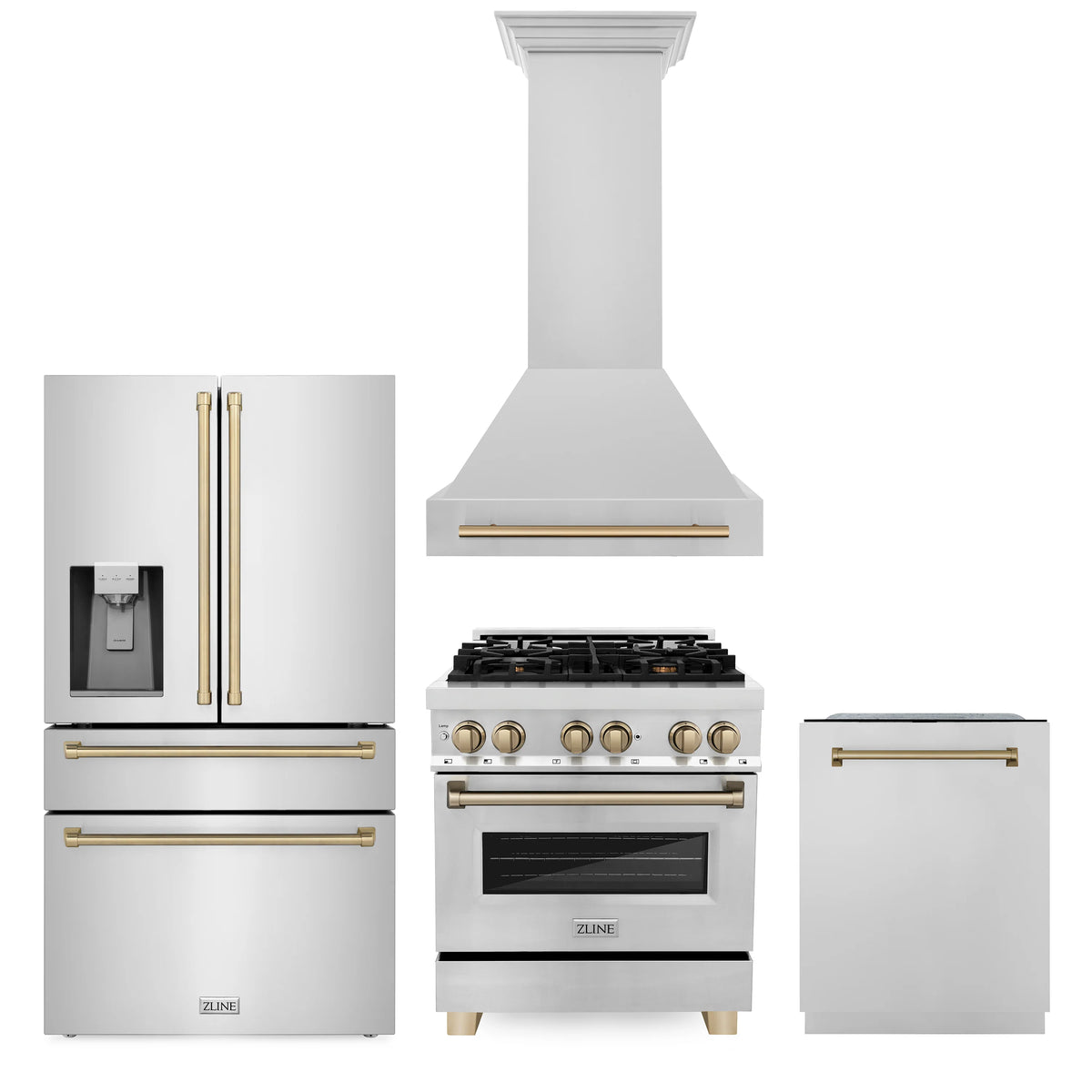 ZLINE - 30&quot; Autograph Edition Kitchen Package, Stainless Steel Dual Fuel Range, Range Hood, Dishwasher, Refrigeration, Champagne Bronze Accents