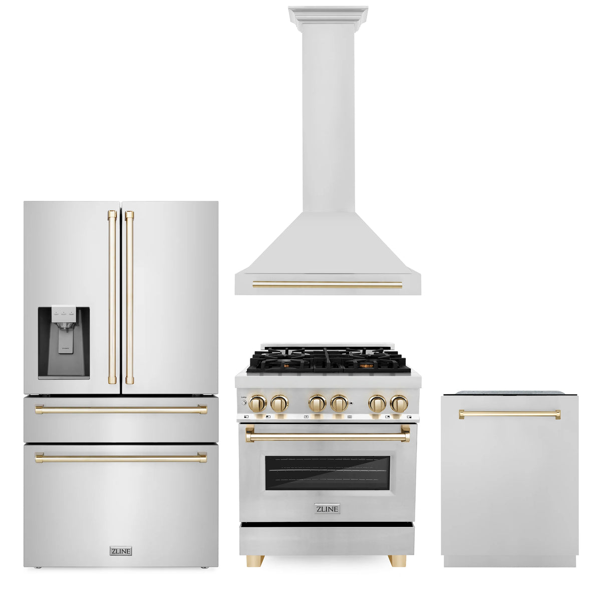 ZLINE - 30&quot; Autograph Edition Kitchen Package with Stainless Steel Dual Fuel Range, Range Hood, Dishwasher and Refrigeration with Gold Accents