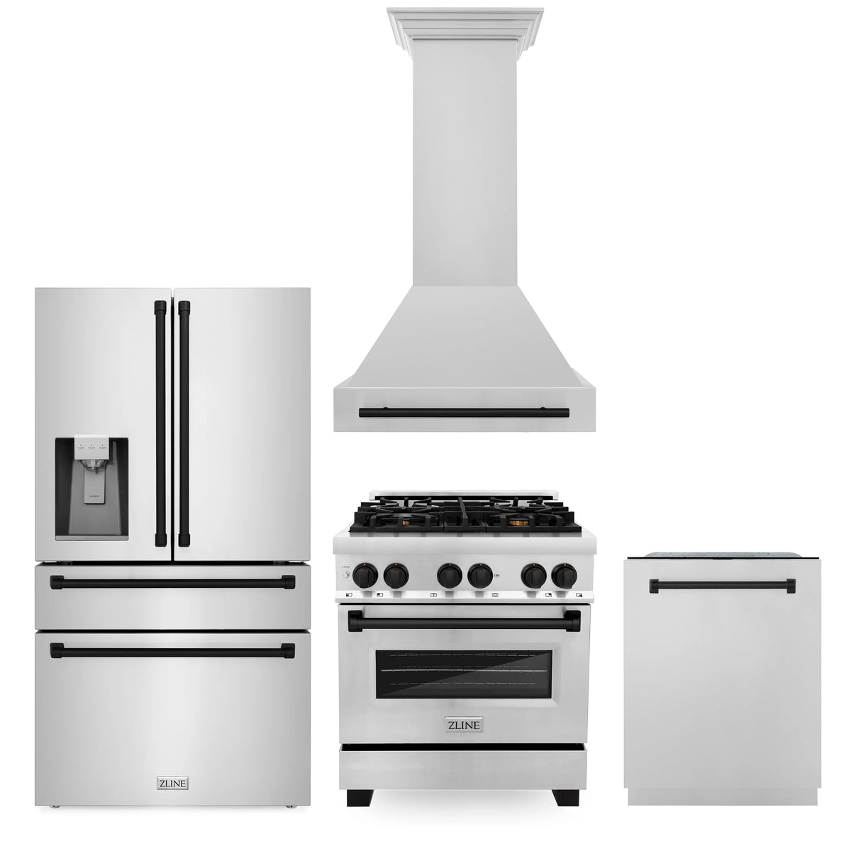 ZLINE - 30&quot; Autograph Edition Kitchen Package with Stainless Steel Dual Fuel Range, Range Hood, Dishwasher and Refrigeration with Matte Black Accents