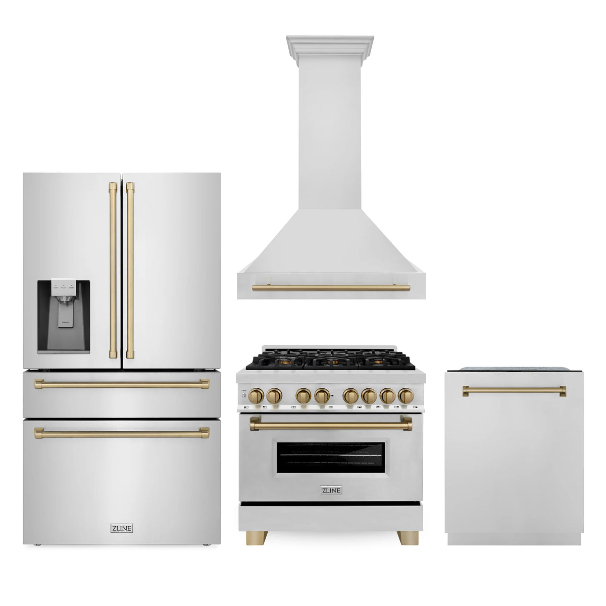 ZLINE - 36&quot; Autograph Edition Kitchen Package, Stainless Steel Dual Fuel Range, Range Hood, Dishwasher, Refrigeration, Champagne Bronze Accents