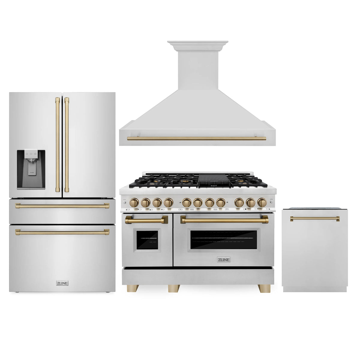 ZLINE - 48&quot; Autograph Edition Kitchen Package with Stainless Steel Dual Fuel Range, Range Hood, Dishwasher and Refrigeration with Champagne Bronze Accents