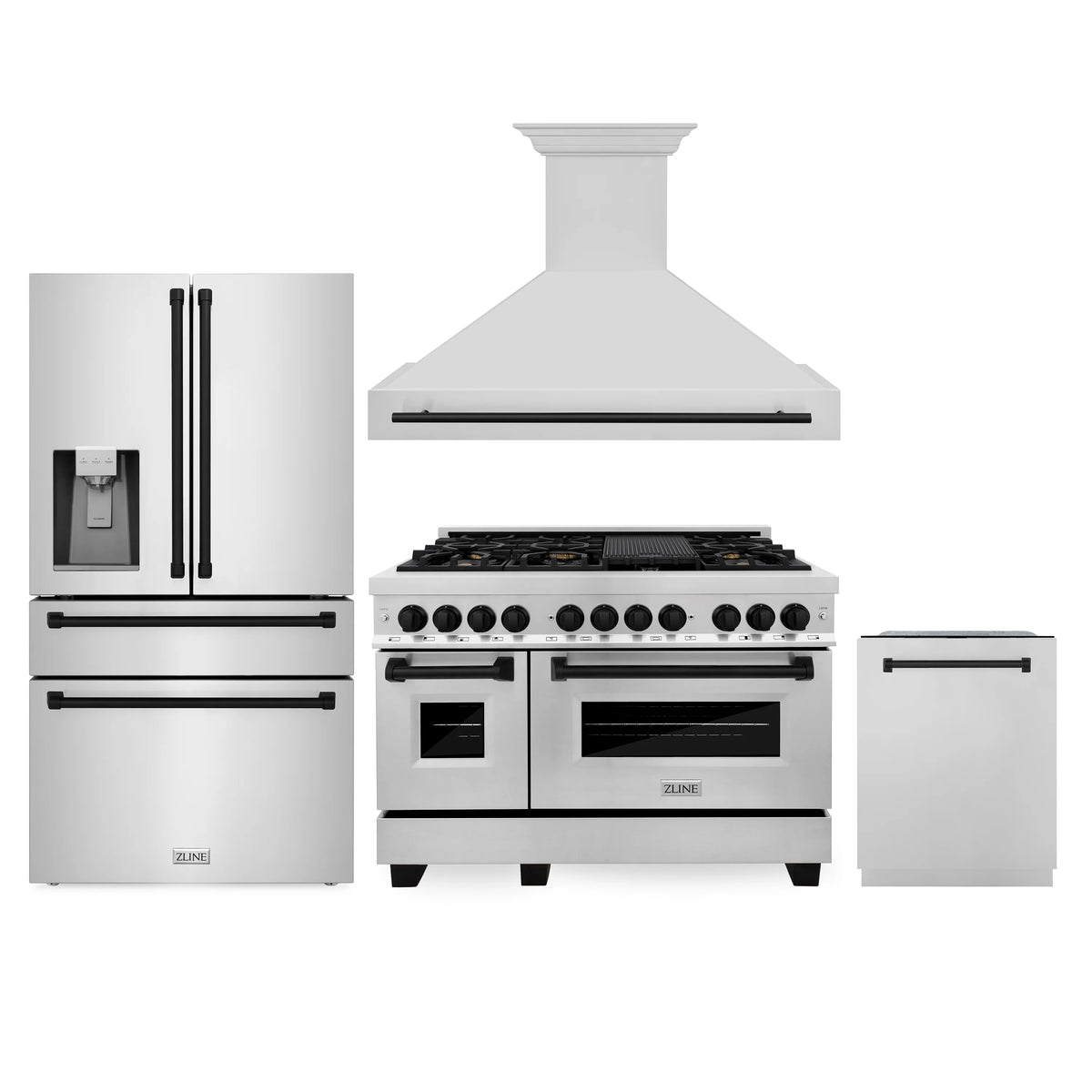 ZLINE - 48&quot; Autograph Edition Kitchen Package with Stainless Steel Dual Fuel Range, Range Hood, Dishwasher and Refrigeration with Matte Black Accents