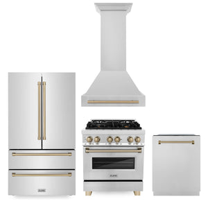 ZLINE 30" Autograph Edition Kitchen Package, Stainless Steel Dual Fuel Range, Range Hood, Dishwasher, Refrigeration, Champagne Bronze Accents