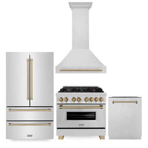 ZLINE 36" Autograph Edition Kitchen Package, Stainless Steel Dual Fuel Range, Range Hood, Dishwasher, Refrigeration, Champagne Bronze Accents