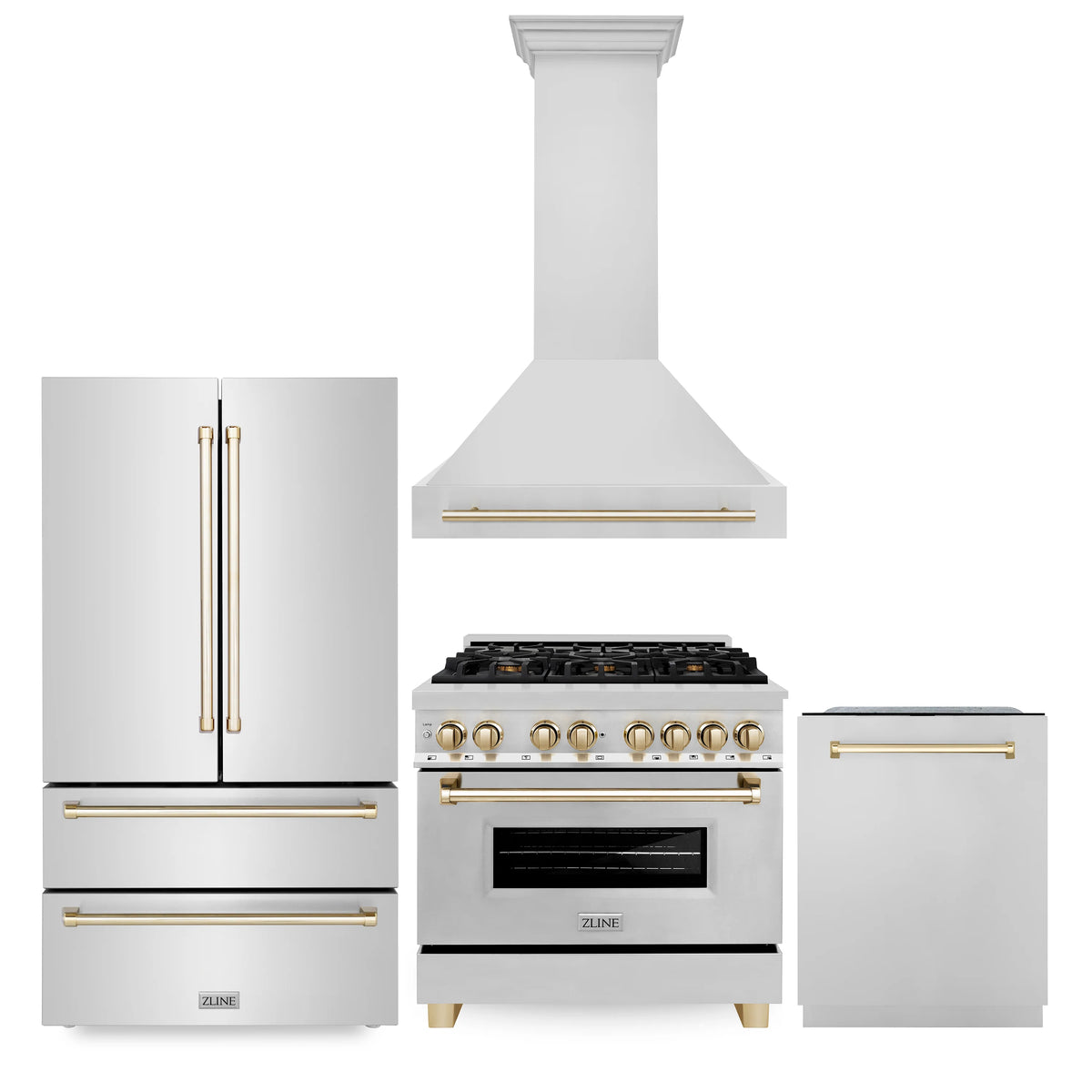 ZLINE - 36&quot; Autograph Edition Kitchen Package with Stainless Steel Dual Fuel Range, Range Hood, Dishwasher and Refrigeration with Gold Accents