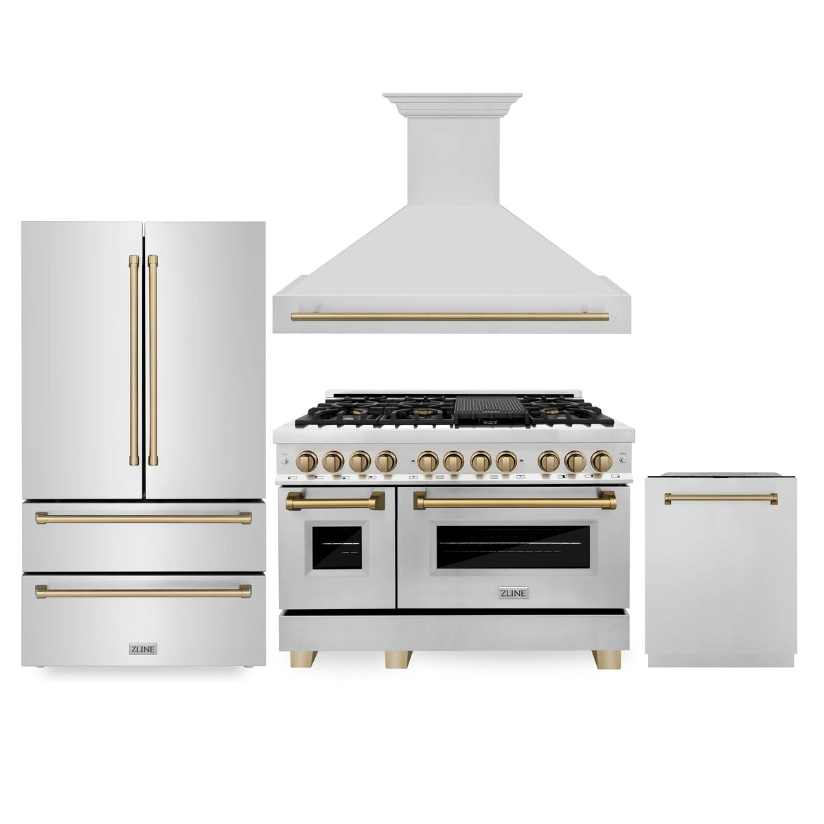 ZLINE - 48&quot; Autograph Edition Kitchen Package, Stainless Steel Dual Fuel Range, Range Hood, Dishwasher, Refrigeration, Champagne Bronze Accents