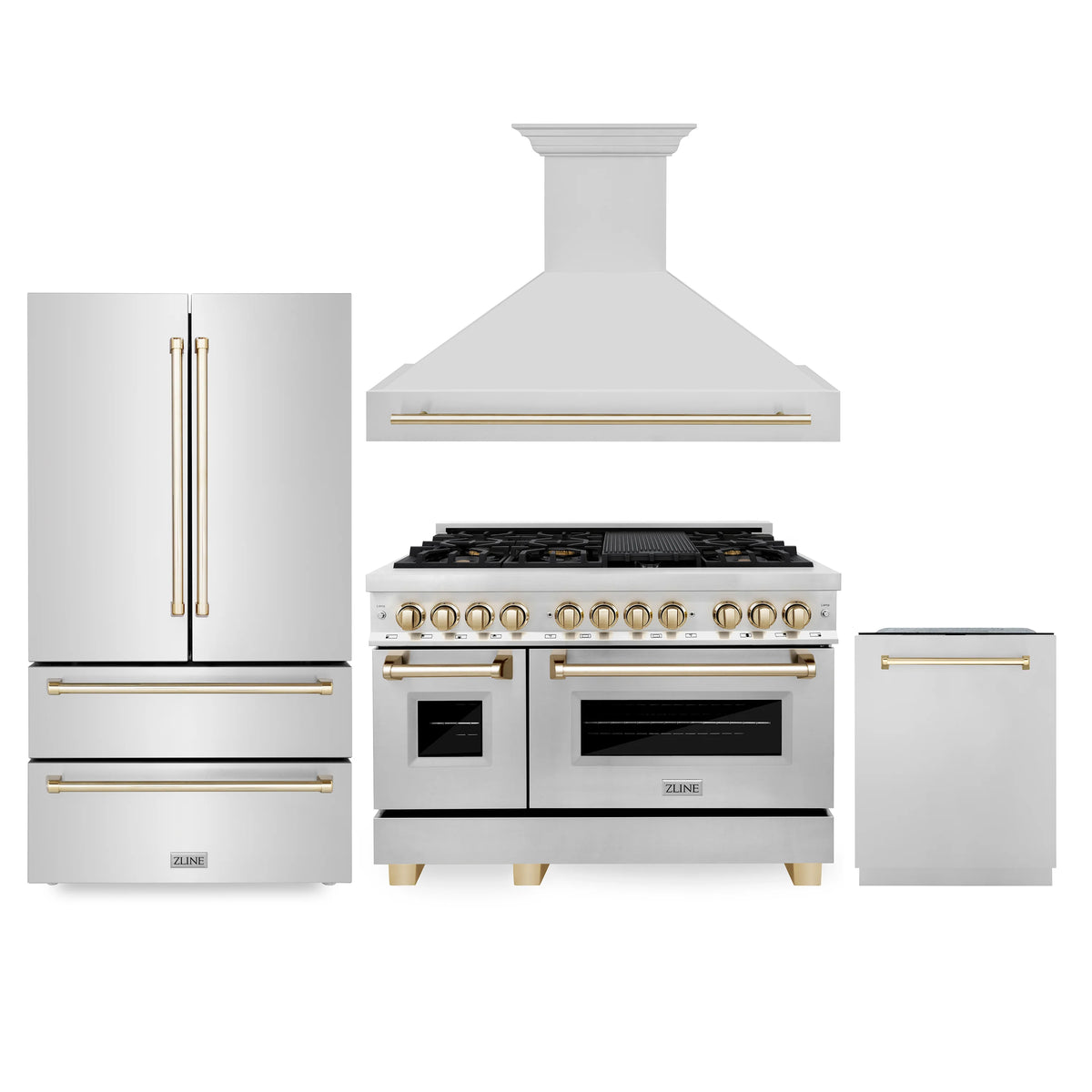 ZLINE - 48&quot; Autograph Edition Kitchen Package with Stainless Steel Dual Fuel Range, Range Hood, Dishwasher and Refrigeration with Gold Accents