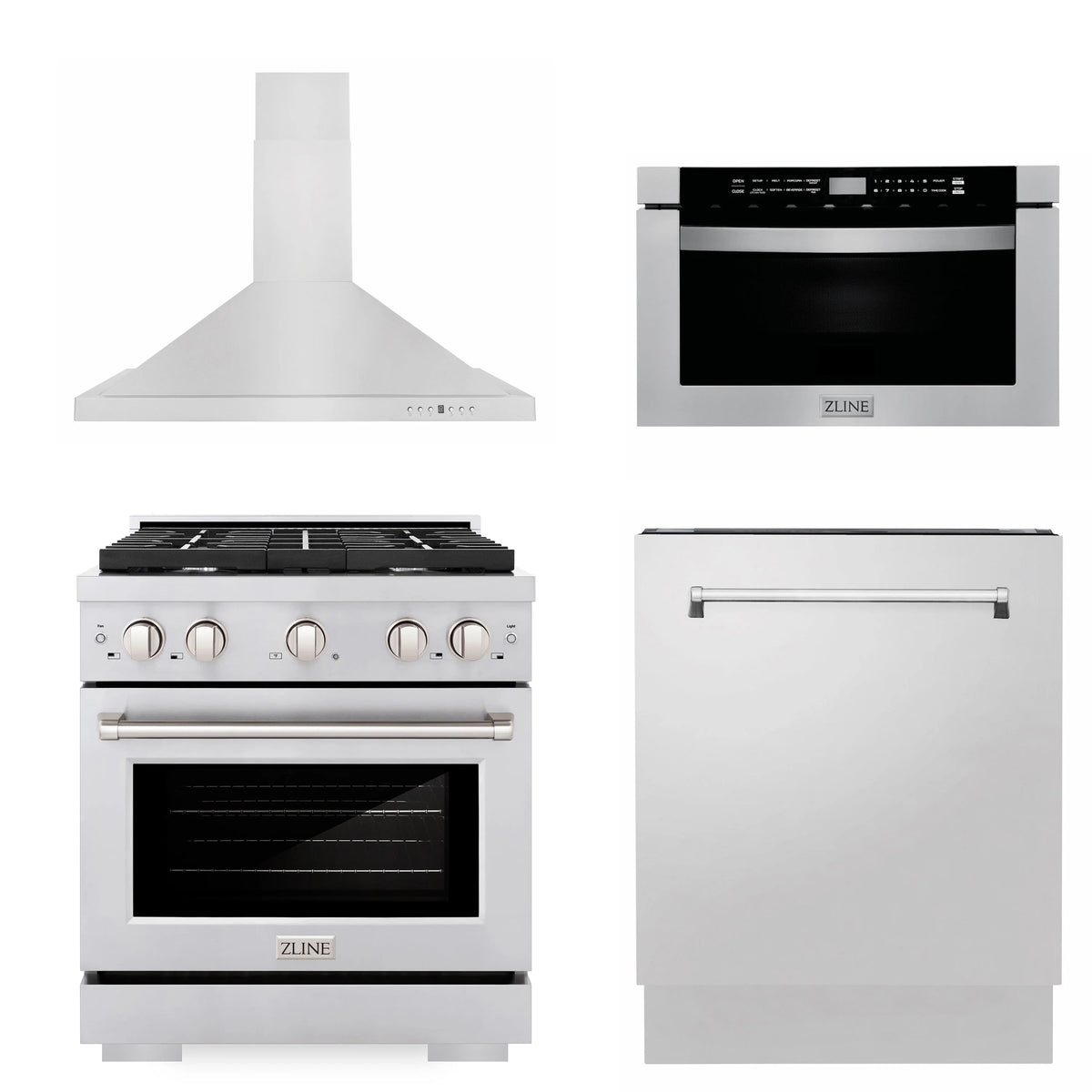 ZLINE - 30&quot; Kitchen Package with Stainless Steel Gas Range, Range Hood, Microwave Drawer and Tall Tub Dishwasher (4KP-SGRRH30-MWDWV)