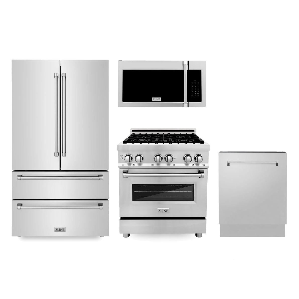 ZLINE - Kitchen Package with Refrigeration, 30&quot; Stainless Steel Dual Fuel Range, 30&quot; Traditional Over The Range Microwave and 24&quot; Tall Tub Dishwasher