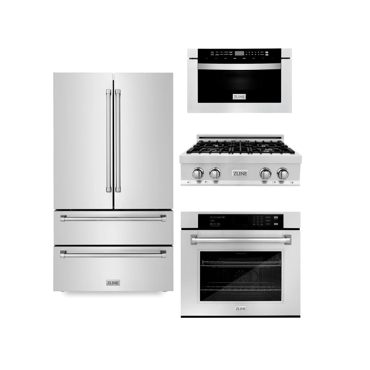 ZLINE - Kitchen Package with Refrigeration, 30&quot; Stainless Steel Rangetop, 30&quot; Single Wall Oven, 30&quot; Microwave Oven