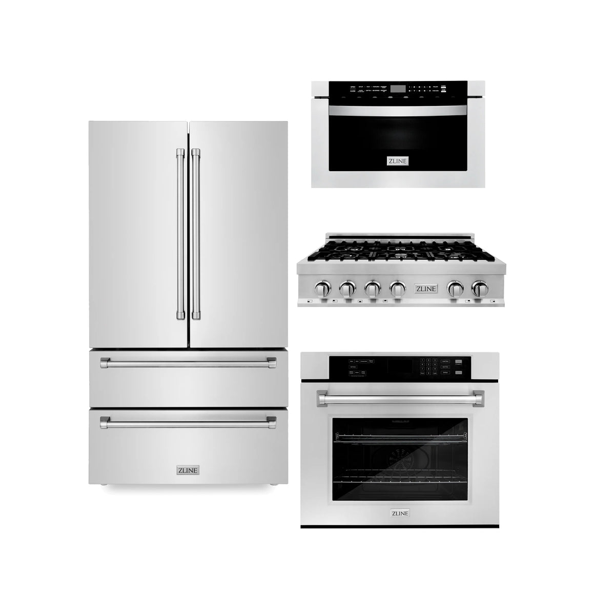 ZLINE - Kitchen Package with Refrigeration, 36&quot; Stainless Steel Rangetop, 30&quot; Single Wall Oven, 30&quot; Microwave Oven