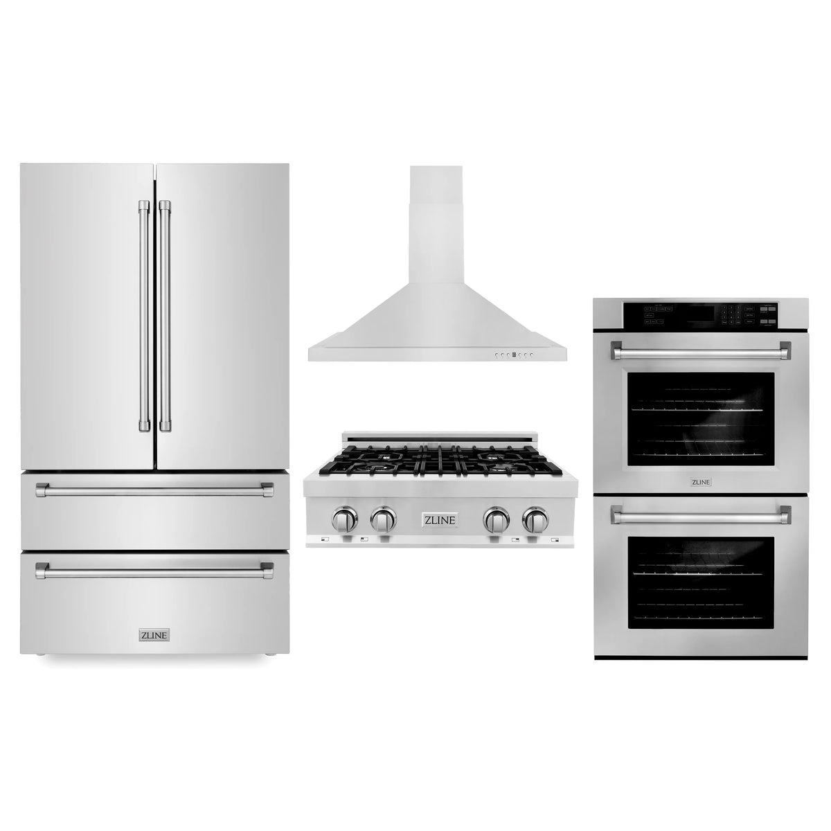 ZLINE - Kitchen Package with Refrigeration, 30&quot; Stainless Steel Rangetop, 30&quot; Range Hood and 30&quot; Double Wall Oven