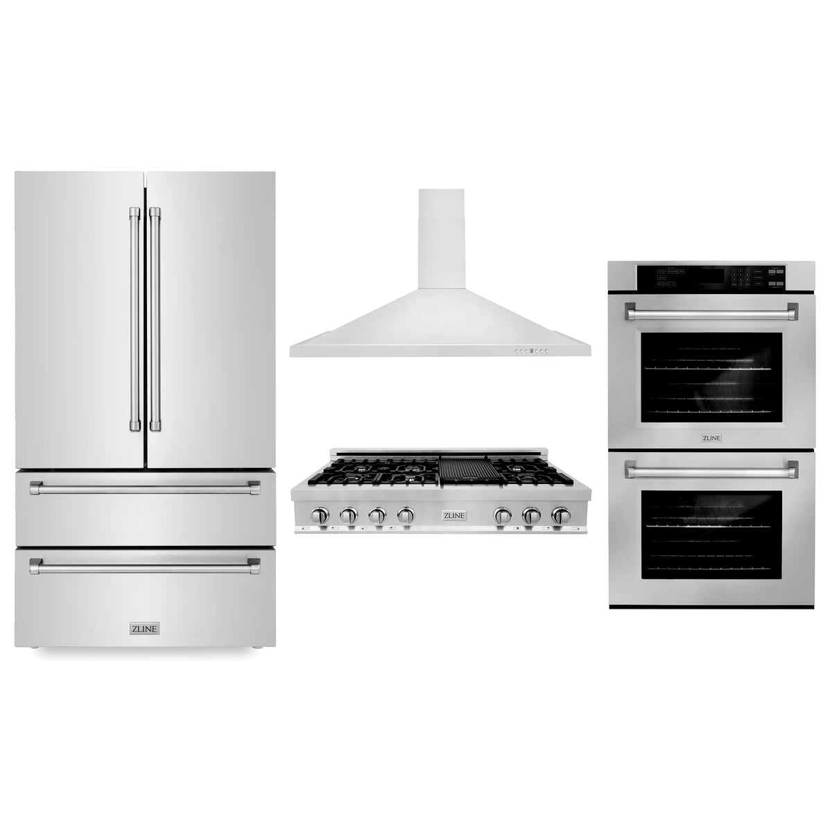 ZLINE - Kitchen Package with Refrigeration, 48&quot; Stainless Steel Rangetop, 48&quot; Range Hood and 30&quot; Double Wall Oven