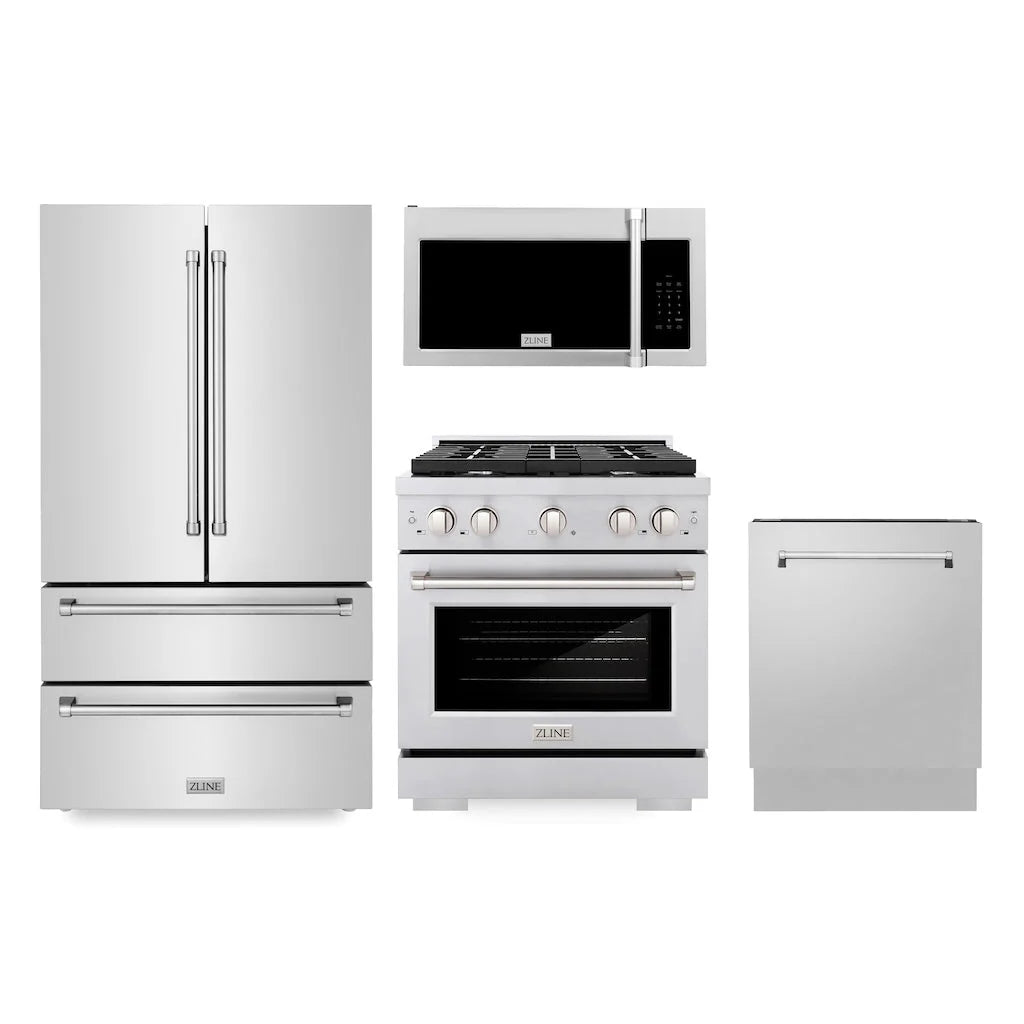 ZLINE - Kitchen Package with Refrigeration, 30&quot; Stainless Steel Gas Range, 30&quot; Traditional Over The Range Microwave and 24&quot; Tall Tub Dishwasher