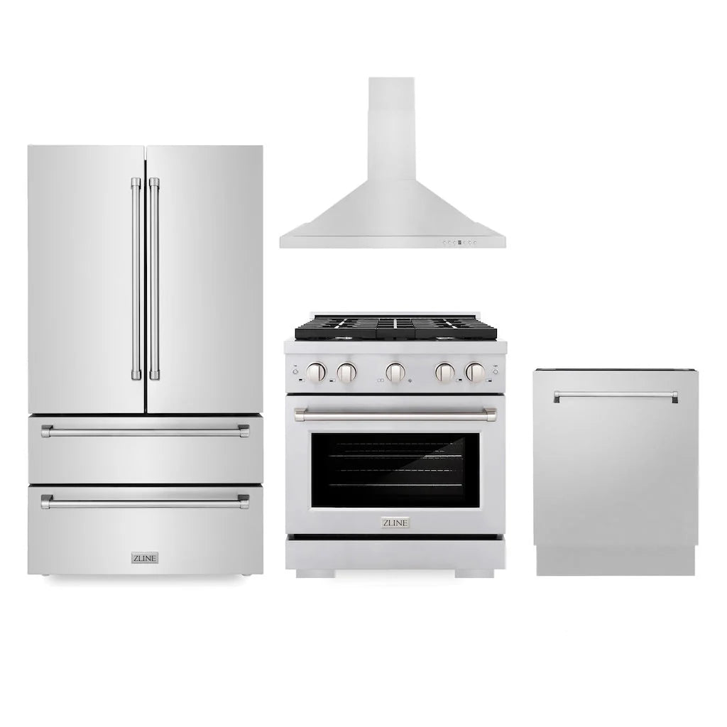 ZLINE - Kitchen Package with Refrigeration, 30&quot; Stainless Steel Gas Range, 30&quot; Convertible Vent Range Hood and 24&quot; Tall Tub Dishwasher