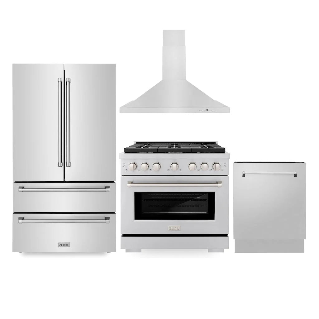 ZLINE - Kitchen Package with Refrigeration, 36&quot; Stainless Steel Gas Range, 36&quot; Convertible Vent Range Hood and 24&quot; Tall Tub Dishwasher