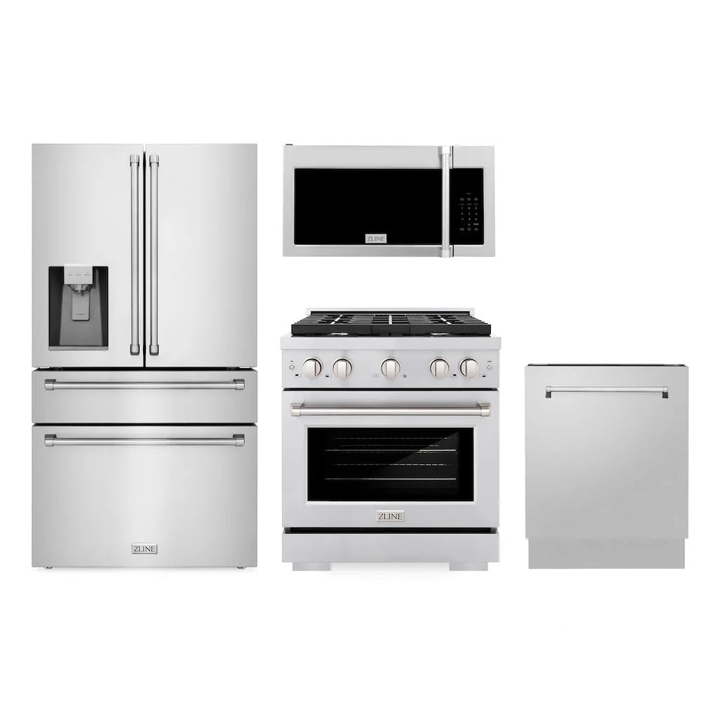 ZLINE - Kitchen Package with Water and Ice Dispenser Refrigerator, 30&quot; Gas Range, 30&quot; Over the Range Microwave and 24&quot; Tall Tub Dishwasher