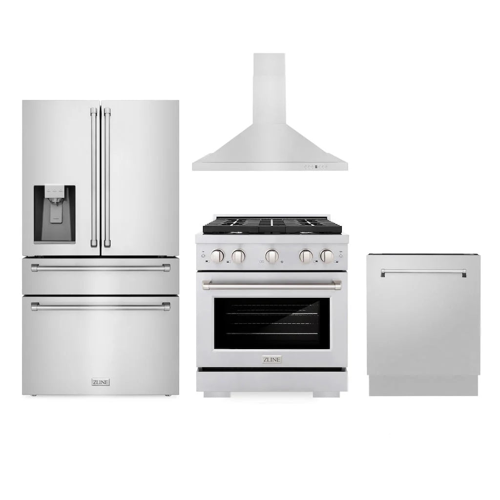 ZLINE - Kitchen Package with Water and Ice Dispenser Refrigerator, 30&quot; Gas Range, 30&quot; Range Hood, and 24&quot; Tall Tub Dishwasher