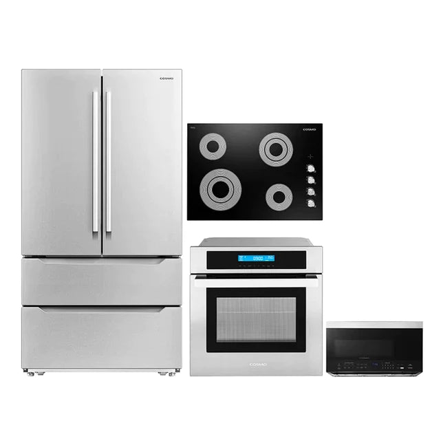 Cosmo 4 Piece, 30&quot; Cooktop 24&quot; Wall Oven 30&quot; Microwave &amp; French Door Refrigerator COS-4PKG-263