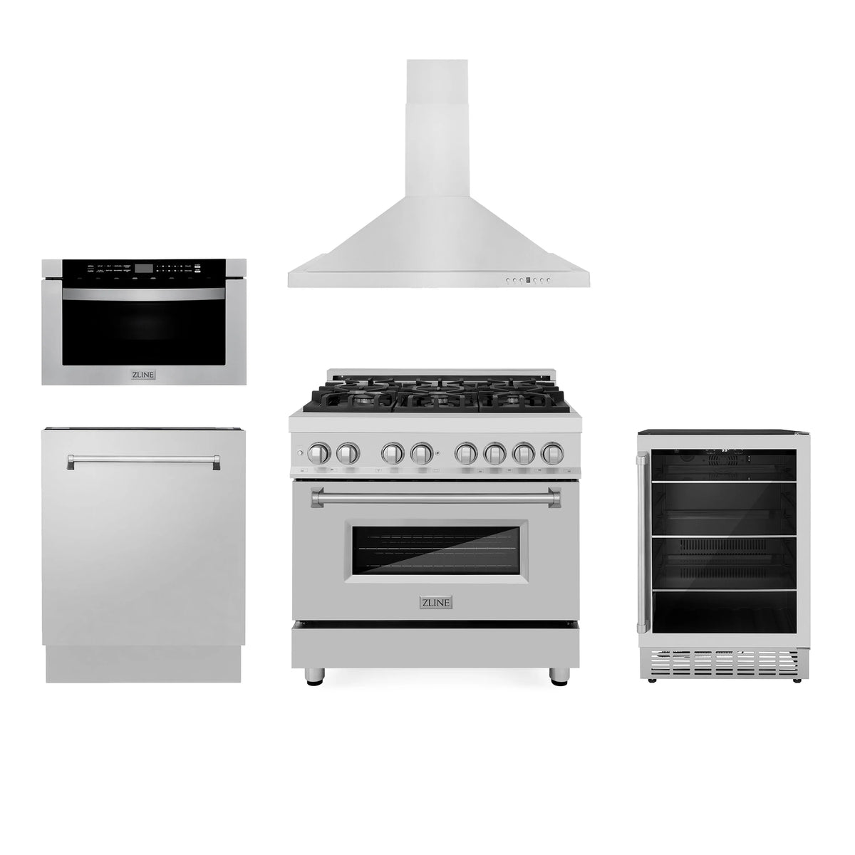 ZLINE - 36&quot; Kitchen Package with Stainless Steel Dual Fuel Range, Range Hood, Microwave Drawer, Tall Tub Dishwasher and Beverage Fridge