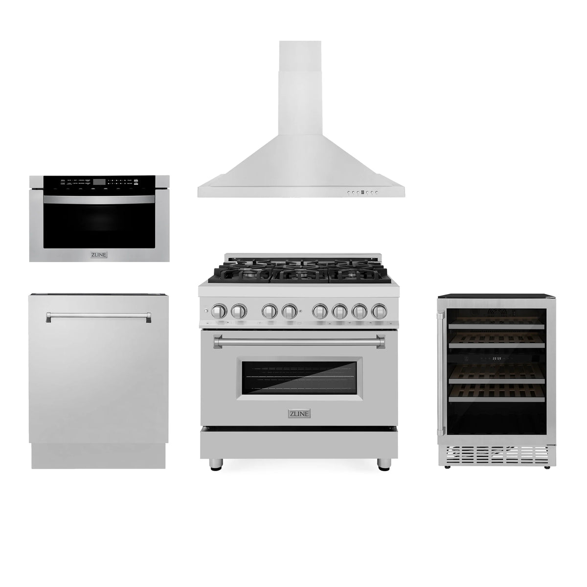 ZLINE - 36&quot; Kitchen Package with Stainless Steel Dual Fuel Range, Range Hood, Microwave Drawer, Tall Tub Dishwasher and Wine Cooler