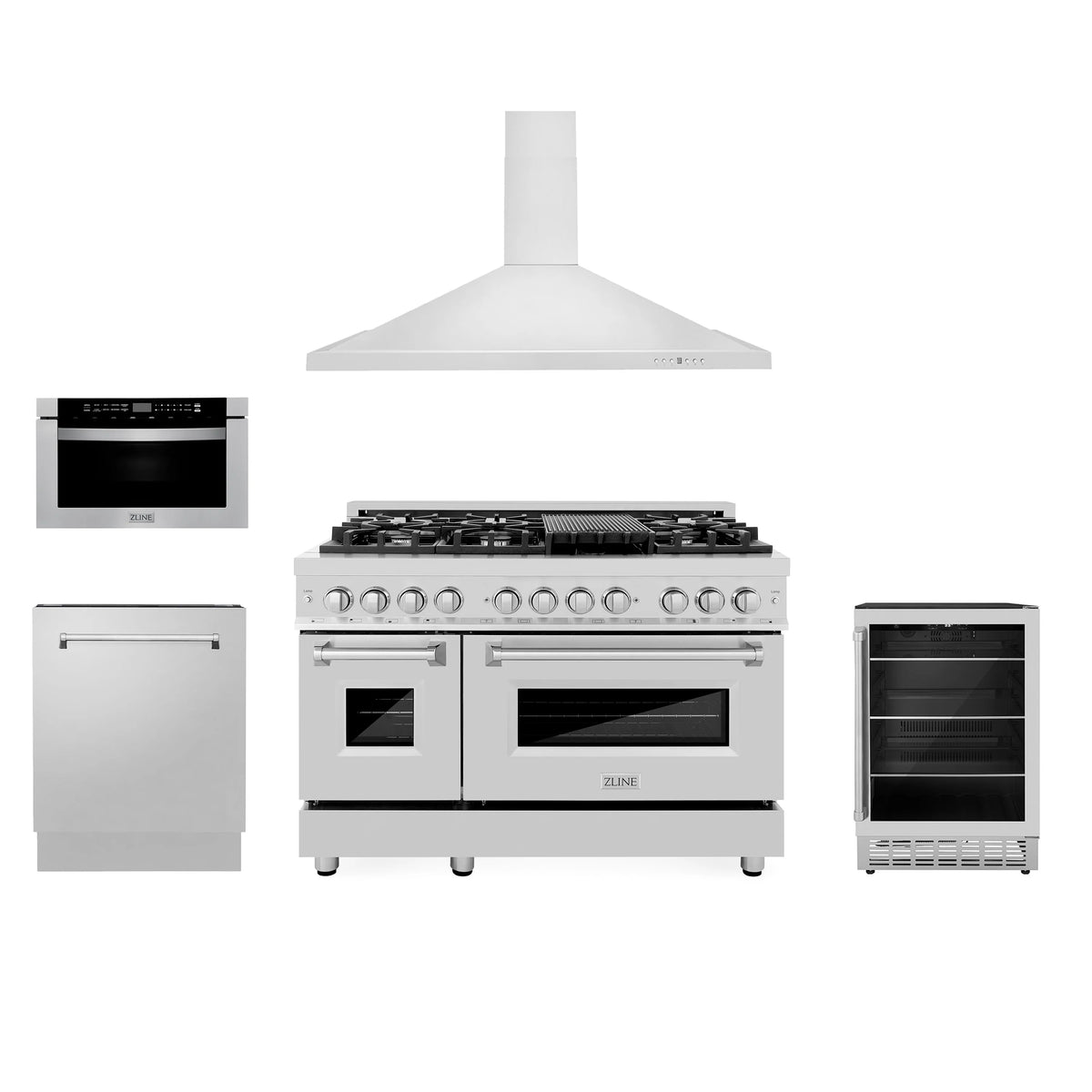 ZLINE - 48&quot; Kitchen Package with Stainless Steel Dual Fuel Range, Range Hood, Microwave Drawer, Tall Tub Dishwasher and Beverage Fridge