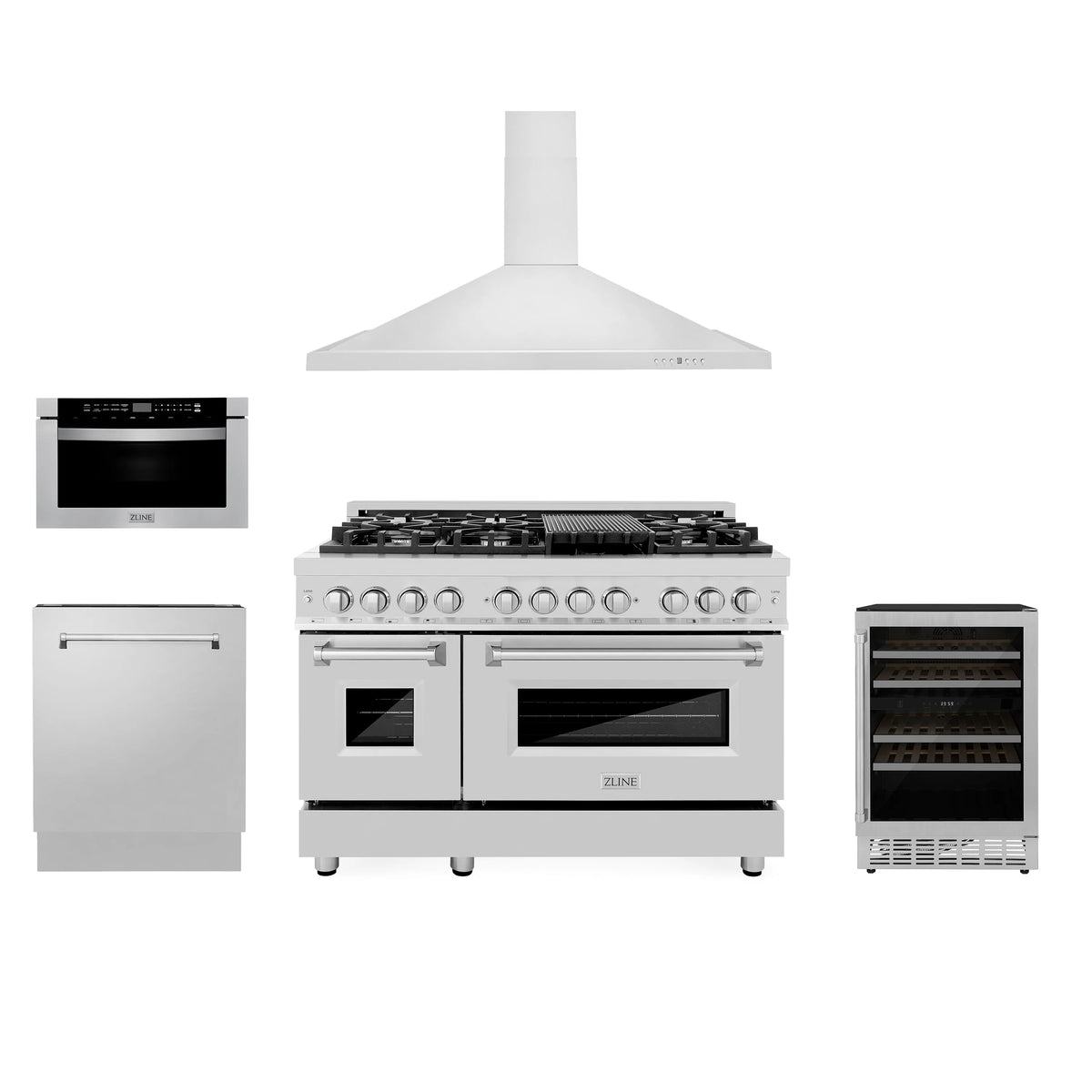 ZLINE - 48&quot; Kitchen Package with Stainless Steel Dual Fuel Range, Range Hood, Microwave Drawer, Tall Tub Dishwasher and Wine Cooler