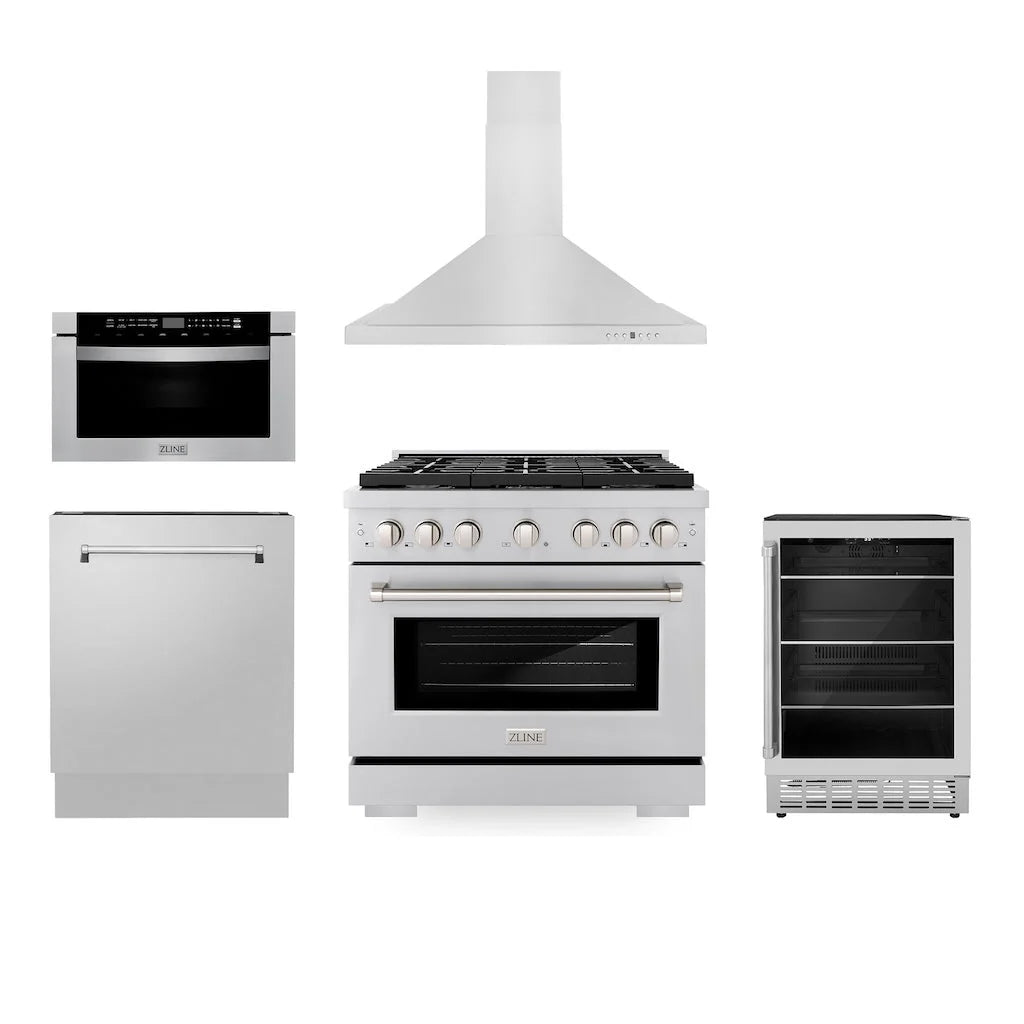 ZLINE - 36&quot; Kitchen Package with Stainless Steel Gas Range, Range Hood, Microwave Drawer, Tall Tub Dishwasher and Beverage Fridge
