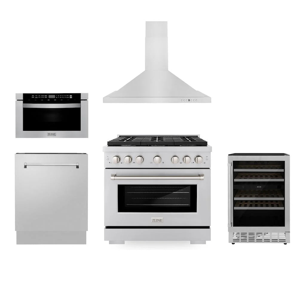 ZLINE - 36&quot; Kitchen Package with Stainless Steel Gas Range, Range Hood, Microwave Drawer, Tall Tub Dishwasher and Wine Cooler