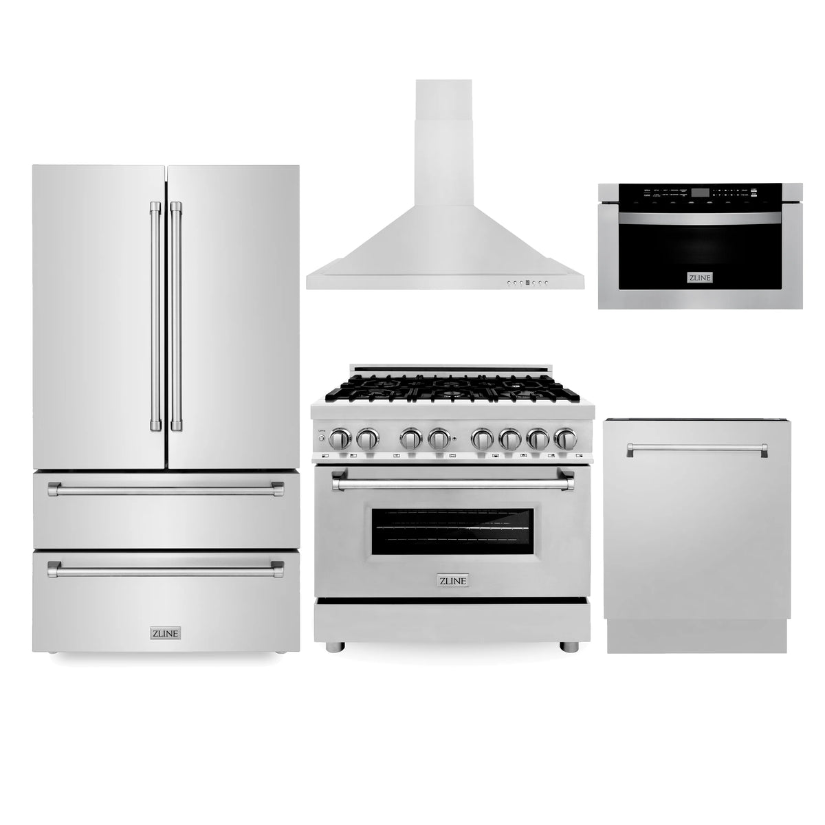 ZLINE - Kitchen Package with Refrigeration, 36&quot; Stainless Steel Dual Fuel Range, 36&quot; Range Hood, Microwave Drawer, and 24&quot; Tall Tub Dishwasher