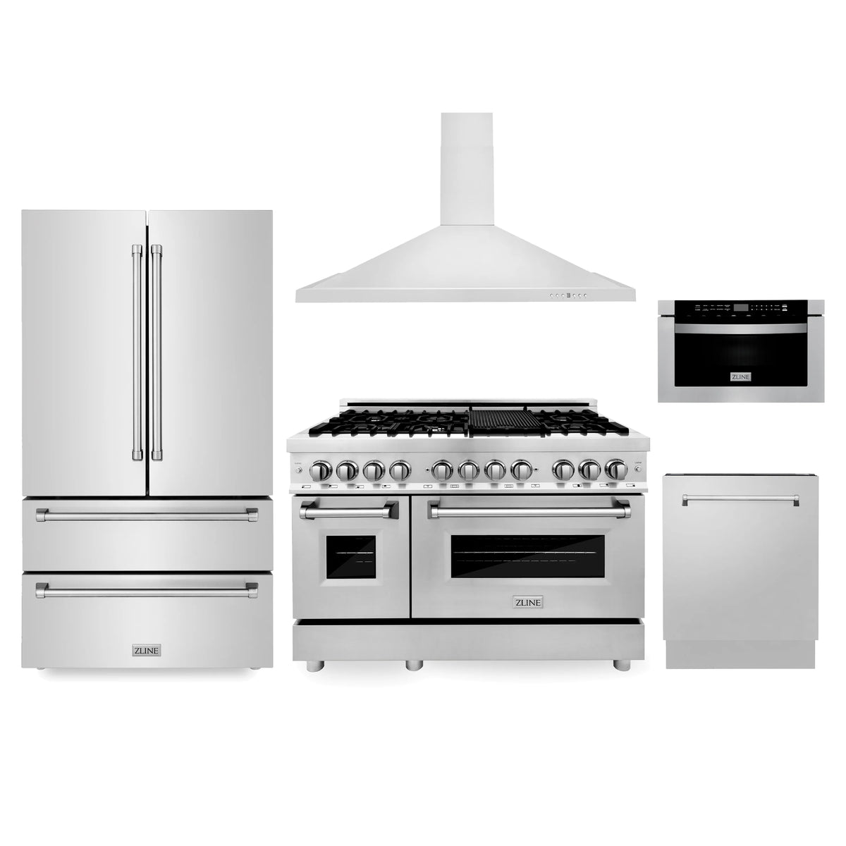 ZLINE - Kitchen Package with Refrigeration, 48&quot; Stainless Steel Dual Fuel Range, 48&quot; Range Hood, Microwave Drawer, and 24&quot; Tall Tub Dishwasher