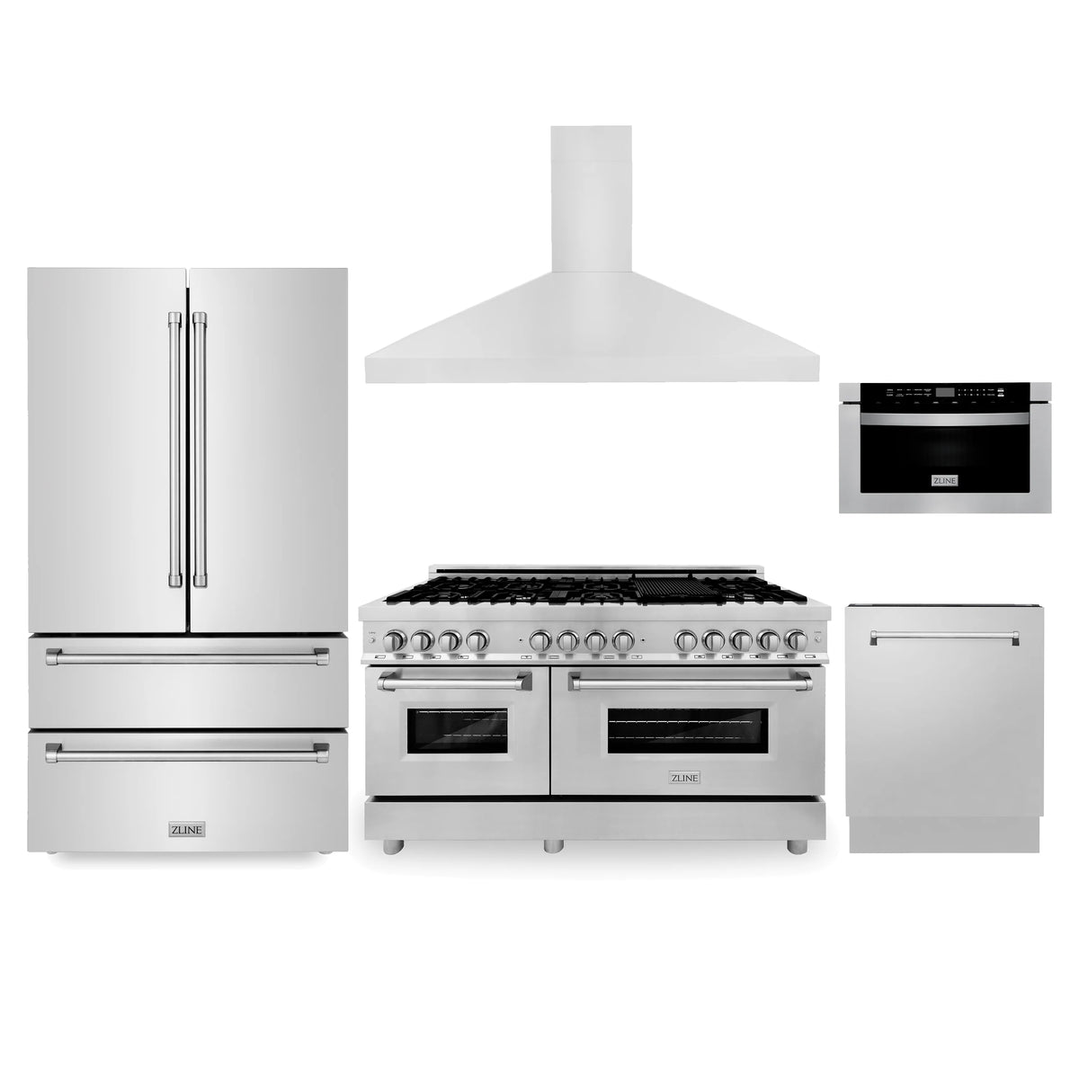 ZLINE - Kitchen Package with Refrigeration, 60&quot; Stainless Steel Dual Fuel Range, 60&quot; Range Hood, Microwave Drawer, and 24&quot; Tall Tub Dishwasher