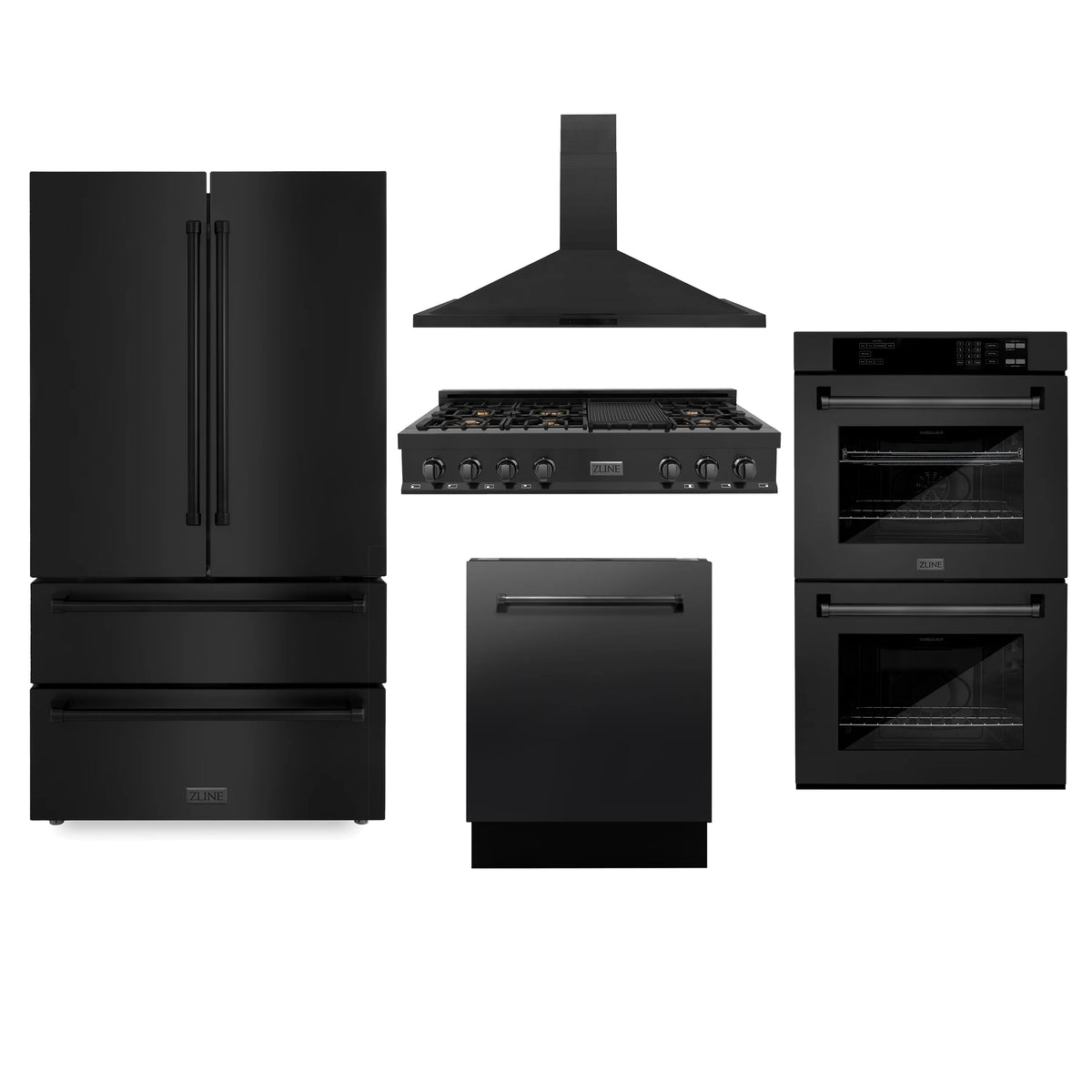 ZLINE - Kitchen Package with Black Stainless Steel Refrigeration, 48&quot; Rangetop, 48&quot; Range Hood, 30&quot; Double Wall Oven, and 24&quot; Tall Tub Dishwasher