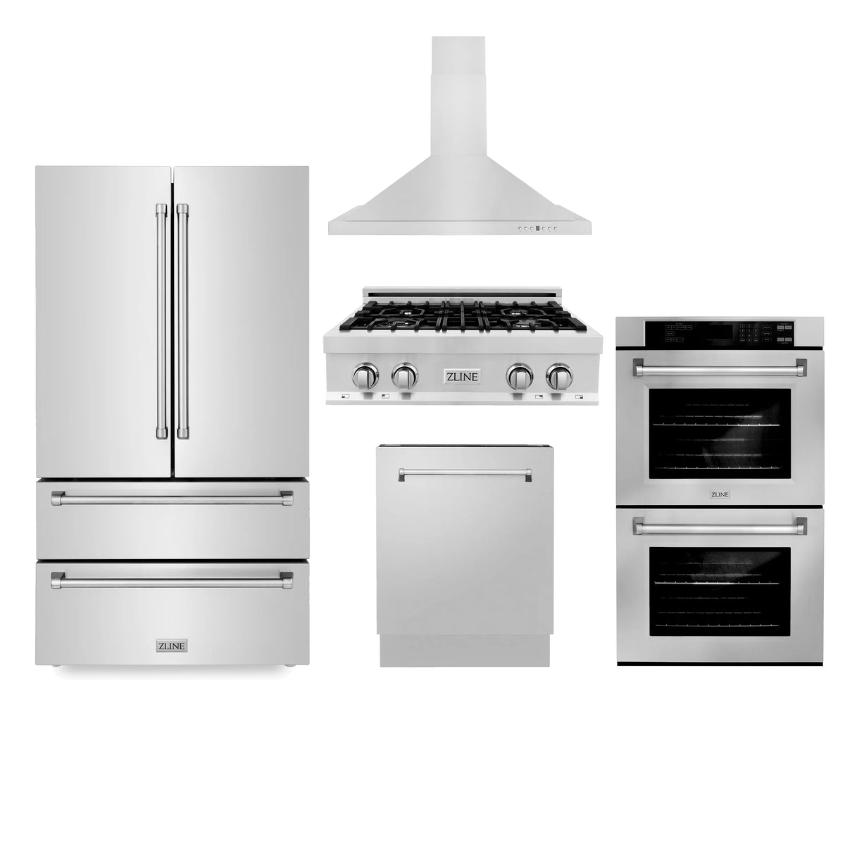 ZLINE - Kitchen Package with Refrigeration, 30&quot; Stainless Steel Rangetop, 30&quot; Range Hood, 30&quot; Double Wall Oven and 24&quot; Tall Tub Dishwasher