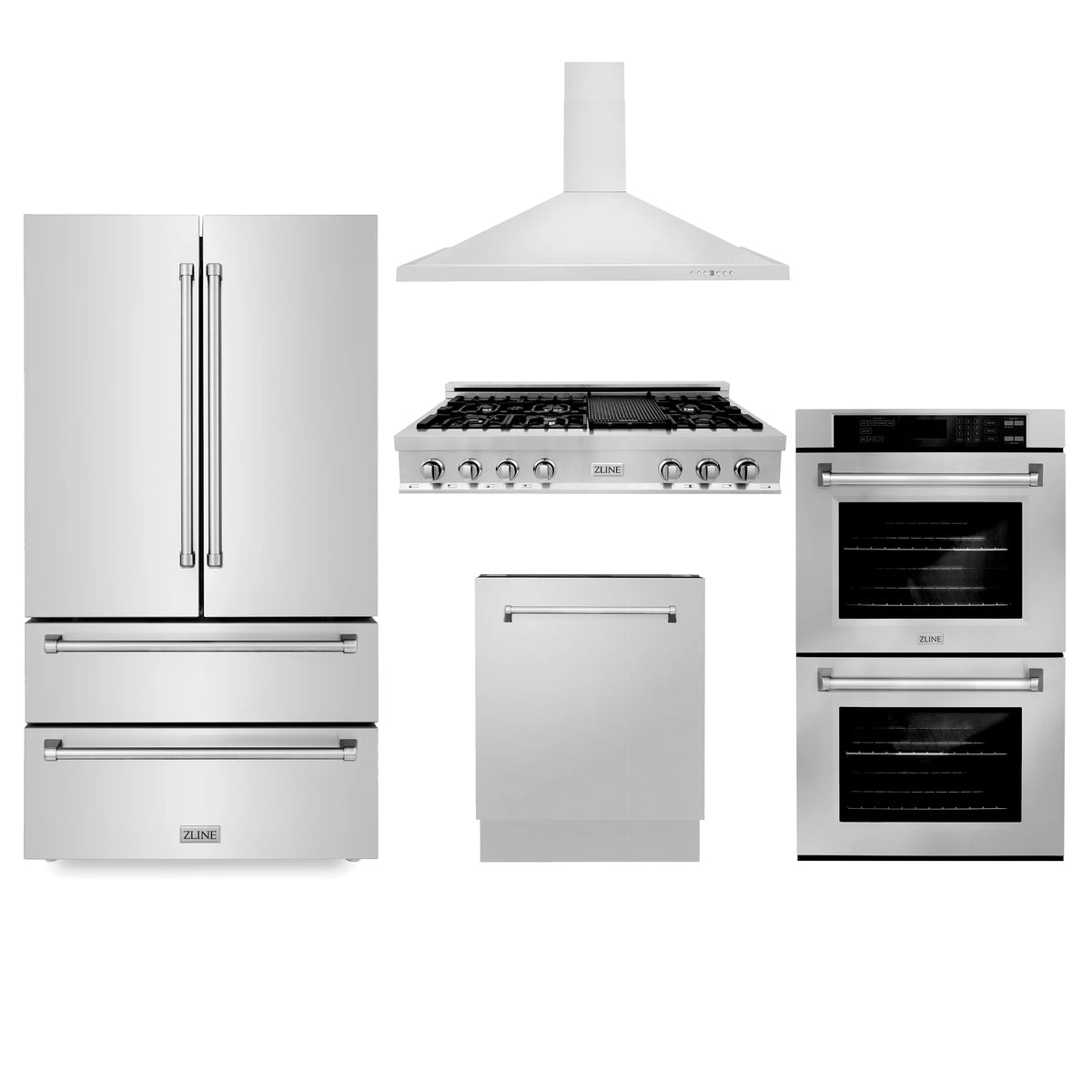 ZLINE - Kitchen Package with Refrigeration, 48&quot; Stainless Steel Rangetop, 48&quot; Range Hood, 30&quot; Double Wall Oven and 24&quot; Tall Tub Dishwasher