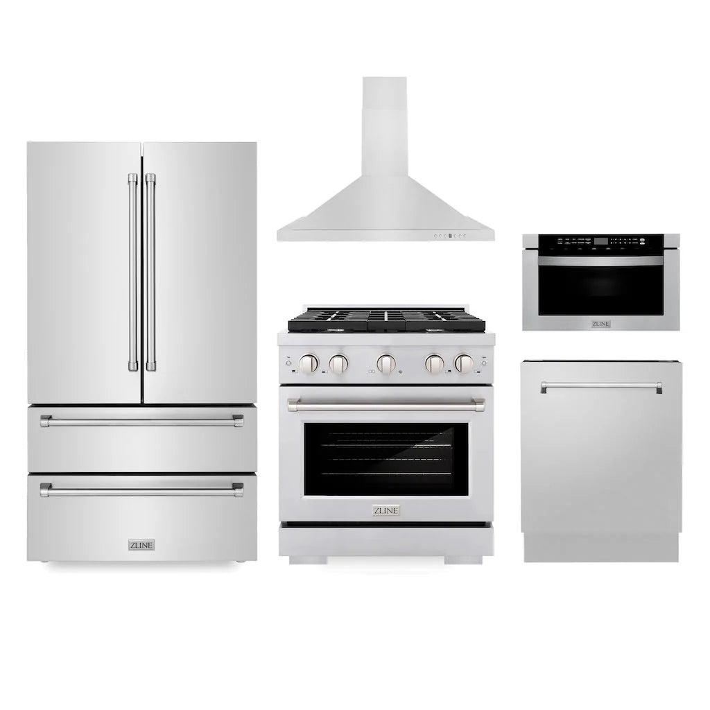 ZLINE - Kitchen Package with Refrigeration, 30&quot; Stainless Steel Gas Range, 30&quot; Range Hood, Microwave Drawer, and 24&quot; Tall Tub Dishwasher
